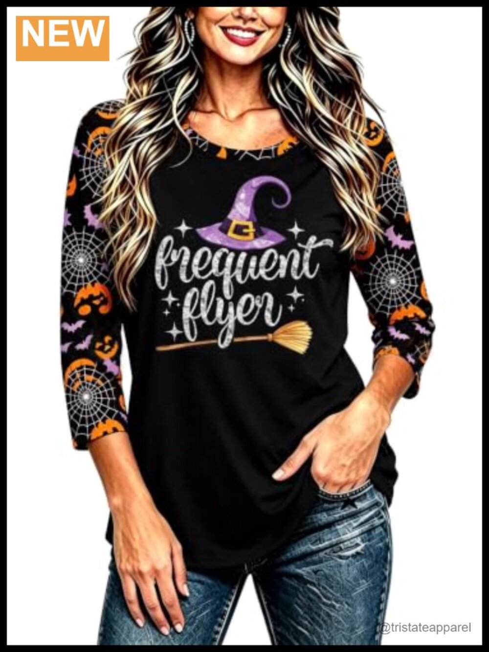 Women's 3/4 Raglan Halloween T-Shirt Witch Broom Graphic Lightweight Polyester